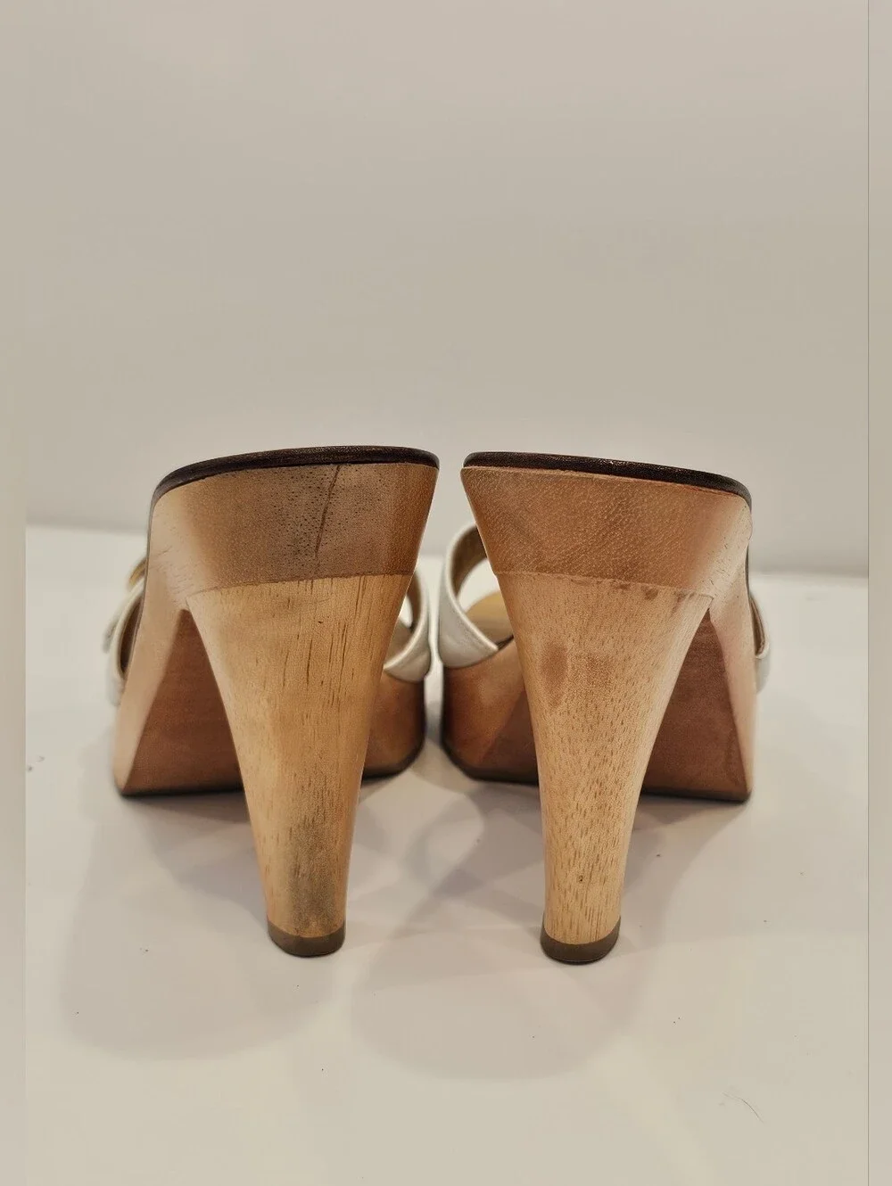 Y2K Nine West Vintage White Leather Wooden Platform Heels 6